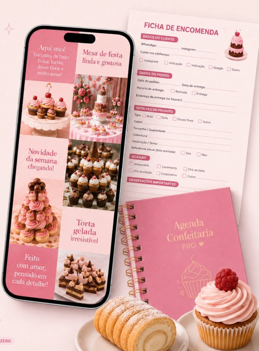 Mockup do Kit Confeitaria Digital com posts no celular, ficha de encomenda e e-book