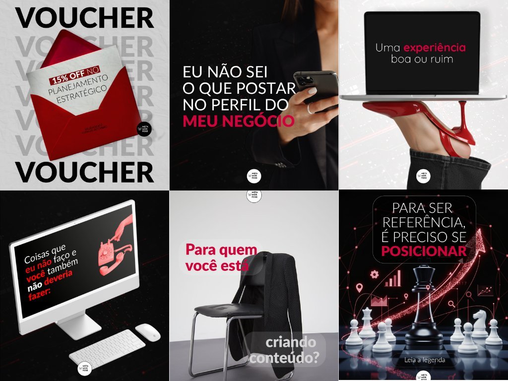 Design de posts para agência de marketing Metamorfose — estilo editorial preto e vermelho
