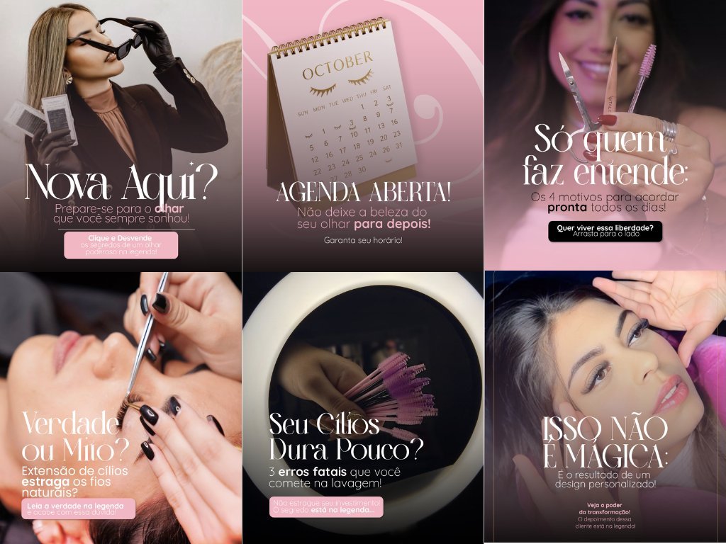 Design de posts para lash designer — tema rosa com elementos de extensão de cílios