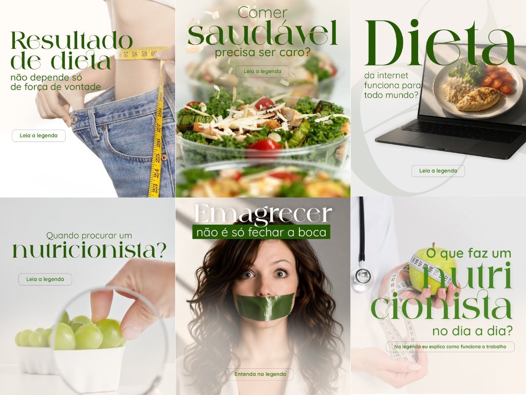 Design de posts para nutricionista — paleta verde natural com foco em alimentação saudável