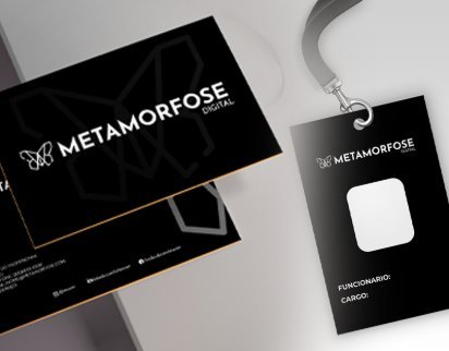 Identidade visual para Metamorfose Digital — cartão preto com logo borboleta geométrica